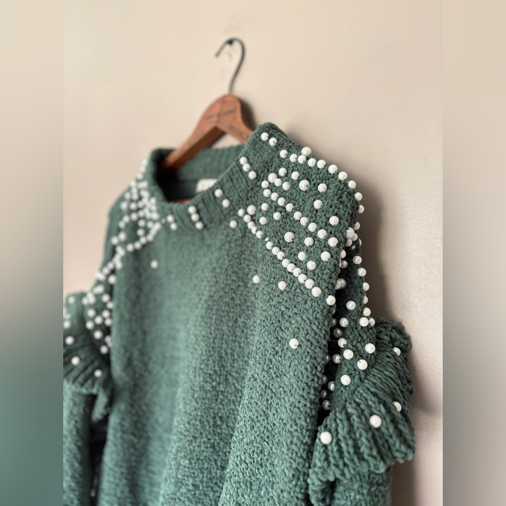 POL green chenille cropped sweater pearl embellished ruffle sleeves boho S EUC - Picture 5 of 15